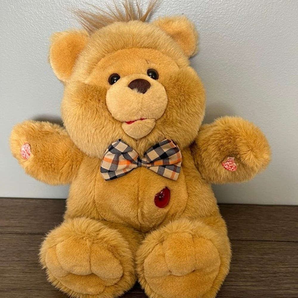 Tan Teddy Bear Plaid Bowtie Record Playback Large Plush Interactive Toy 12"